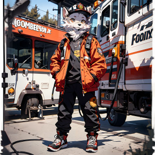 high detail, hyper quality, high resolution, 1080P, solo, furry, (male arctic fox: 1.5), (gray fur: 1.3), gray skin, gray ears, golden eyes, sharp claws, (fluffy tail: 1.2), wearing a firefighter attire, wearing a firefighter shirt, wearing firefighter pants, wearing firefighter boots, wearing a firefighter helmet, standing in front of a fire truck