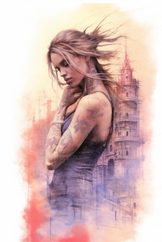 Body portrait of a buff, heavily tattooed Kaley Cuoco with long braided hair with a deadly look, low angle, in the middle of a destroyed city covered by red mist, high quality oil painting with some strokes, sketch, drawing, biblical apocalypse, biblical references, epic and sinister vibes, in the style of luis royo --v 5. 1 --c 20 --ar 2:3