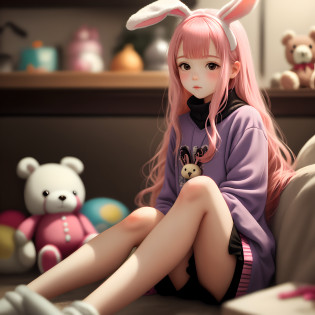 blurry, depth of field, blurry foreground, 1girl, stuffed toy, stuffed animal, rating:safe, blurry background, stuffed bunny, bunny, animal ears, sitting, pink hair, photo \(medium\), long hair, solo, teddy bear, very long hair, knees up