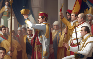 Painting of a man holding a crown in front of a crowd of people, celebrando um rei sendo coroado, napoleonic, coronation, french emperor, monarquia, granting him a noble title, napoleon, Culto ao Papa, usando uma coroa, jacques - louis david, vestindo um manto real, dressed like napoleon bonaparte, Reis antigos em vestes brancas --auto