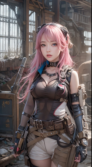 ?masterpiece, 1 beautiful girl, Detailed eye, Swollen eyes, top-quality, ?A high resolution, (reality: 1.4), ????, very extremely beautiful, Beautiful skins, A slender, Forward-facing body, (A hyper-realistic), (hight resolution), (8K), (ighly detailed), ( Best Illustration), (beautifully detailed eyes), (ultra-detailliert), ????, Bright lighting, Professional Lighting?the most beautiful and sexy steampunk girl, pink hair, blue eyes, wearing incredibly detailed post apocalyptic steampunk tactical gear and goggles, huge enormously gigantic tits, cleavage showing, tons of tattoos and piercings, in post apocalyptic wasteland, incredibly detailed background, metal fragments blowing in the wind, incredibly cinematic, incredibly perfect masterpiece, high quality, high resolution