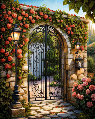 a painting of a gate with roses and a lamp post, portal made of roses, secret garden, inspired by Guido Borelli da Caluso, secret entrance, by Kerembeyit, kerem beyit, near a stone gate, enchanted garden, scenery art detailed, highly detailed digital painting, highly detailed digital artwork, heaven gate, rob mcnaughton