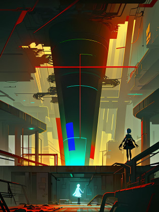 (blame! style abandoned tech landscape), (Zen, Amy Sol style), (underground, dark, foggy, perilous, abandoned apartment space, deep tunnels), cover art with light abstraction, abstract, simple vector art, contemporary Cybernetic art, color gradients, soft color palettes, layered forms, whimsical animation, style Ethereal abstract, 4K, --v6