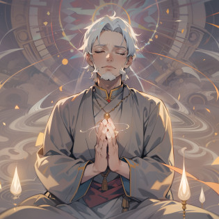 1 adult, ((Adult)), Eyes closed, Grey Hair, Indian Dresses, Praying, ((Light Energy Aura)), ((man)), ((Adult)), 50 years old, Anime ,A young man