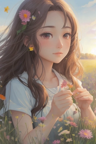 A close up portrait of a beautiful woman picking flowers in a meadow by Ken Sugimori, summer, dawn, anime