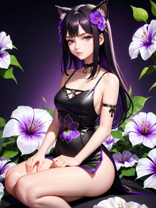 purple cheongsam, (morning glory flower-patterned clothes: 1.2), slit, bare shoulders, break, cat ears, (flower hair ornament: 1.2), child, baby face, choker, black hair, green eyes, big eyes, 15 years old, long lashes, break, background, purple morning glory, break,, sitting, break,