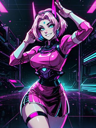 (masterpiece:1.2, best quality:1.2, beautiful, high quality, highres:1.1), detailed, extremely detailed 4K, perfect eyes, perfect face, perfect lighting, <lora:tool_addDetail:0.25>,(1girl, solo, adult female, mature female), <lora:detailed_eyes:1> ,
<lora:style_retrowaveTech_(retrowavetech--virtual--vaporwave--wireframe--scifi):0.9>, retrowavetech, virtual, vaporwave, scifi, 
[muscular, biceps], leg muscles, thigh muscles, lithe body,
<lora:character_harunoSakuraNaruto_lykon:0.65>, haruno sakura, glowing pink hair, green eyes, glowing forehead mark, retrowavetech shirt, retrowavetech scifi skirt, confident grin, pose, retrowavetech headgear, 
wireframe background, retrowavetech city background