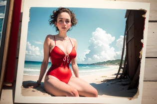 there is a woman in a red bathing suit sitting on the beach, unknown artist, damaged photo, old picture, old painting, old color photograph, unknown location, grainy damaged photo, old photo, old color photo, old damagaed polaroid photo, realistic old photo, photographed on damaged film, old photo scattered, artist unknown, very old photo, lost photo
