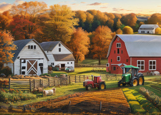 arafed image of a farm with a tractor and farm buildings, rural splendor, country landscape, scenery artwork, scenery art detailed, countryside city scene, autumn season, farm background, beautiful high resolution, colorful scene, next to a red barn, detailed scenery �width 672, rich picturesque colors, next to a farm house and a barn