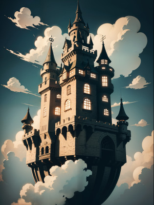 Drawings of windmills on floating haunted castle, floating castle on clouds, Floating haunted castle in the sky, inspired by Winsor McCay, Flying castle in the Sky, an immense floating castle, haunted palace floating in the sky, A floating haunted castle in the sky, castle in the sky style, surrounded by the dragon, floating and flying castle, Cloud haunted Palace, night haunted lights
