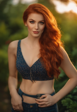 professional, 4k photo, (Sharp focus:1.3), high detail, wearing (tight shirt:1.2), beautiful detailed face, an attractive woman with long red hair looks into the camera, looking like actress Katherine McNamara, panasonic lumix s pro 50mm f/1.4, anne stokes, color splash, dark orange and dark emerald, ferrania p30, photo realistic, (attractive young woman:1.3), (seductive:1.1), (blushing:1.1), hourglass body shape, big round breasts, wide hips, in a garden, taking selfie