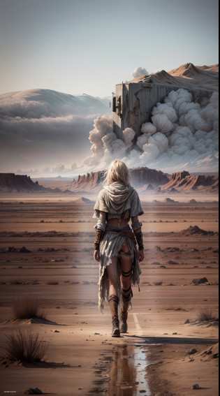 In a desolate wasteland, a figure emerges, their torn clothes bearing witness to the harsh environment they have endured. The scene exudes an atmosphere of desolation, with a barren landscape stretching into the distance. The individual's body showcases visible scratches, scars, and bruises, evidence of the hardships they have faced. Their expression reflects a mixture of fear and sadness, capturing the emotional toll of their journey through the wasteland. This full-body depiction in high definition brings these details to life, allowing viewers to empathize with the subject's plight. The 9:16 aspect ratio enhances the vertical composition, emphasizing the figure's presence against the backdrop of the unforgiving wasteland