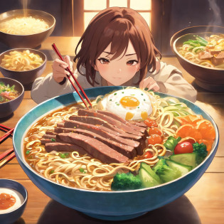 A bowl of beef noodles?Fresh vegetables?The poached egg aroma is overflowing?The brown shells are delicious?It was delicious?Pepper has a strong flavor?The yellow bamboo shoots are crispy and delicious?The fungus has a delicate taste?The final taste of tofu is great?The noodles held with chopsticks are fragrant?illustration