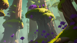 A cartoon picture of a forest with purple flowers, tall trees, stylized concept art, stylized for 3d render, drawn for game concept art, stylized vegetation, stylized game art, 3d stylized render, fantasy magical vegetation , stylized 3d rendering, environment art, drawing concept art, stylized art, game art in artstation