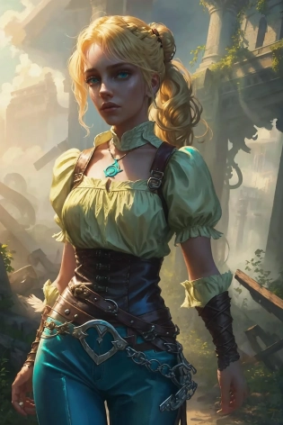 zrpgstyle, portrait beautiful girl solo alone medieval RPG character painting blonde hair upsweep updo swashbuckler rogue corset shirt teal (leather pants:1. 1) (straps buckles:1. 2) armor indoors overgrown (ancient ruins:1. 2) bright morning light from the side (atmospheric volumetric fog:1. 1)(masterpiece:1. 4) (illustration:1. 2) (best quality:1. 4) (8k) (HDR) (cinematic lighting) (sharp focus) (intricate)