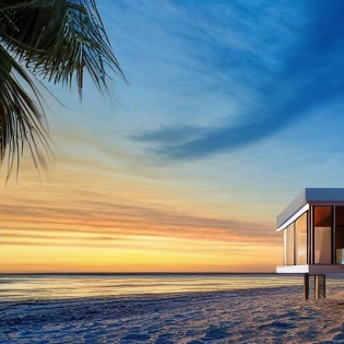 A modern house by the beach, on sand, vibrant colors, 4k, ultra hd, real life, ultra detail, sunset, epic lighting