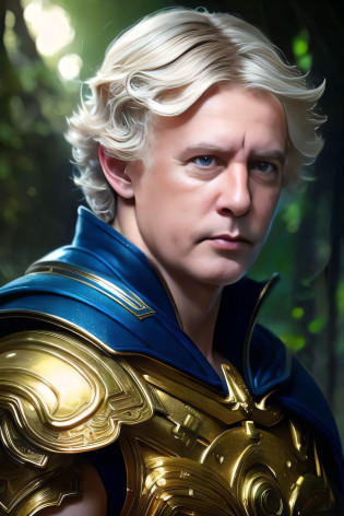 um close up de um homem em uma armadura dourada com uma camisa azul, Boris Johnson como Thor, Boris Johnson como Dr.. estranho, Boris Johnson como Doutor Estranho, Asgardiano, portrait of magical blond prince, adam warlock, Arsen Lupin como um paladino, Christopher Walken Super Saiyajin, Elon Musk como Thor, Boris Johnson como Wolverine