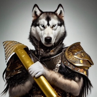 anthropomorphic old huskie warrior (long haired, wind, epic fur, gold and diamond armor). Baryta fanart Portrait photograph with a Hasselblad H3DII. extremely detailed, DOF --upbeat --v 4