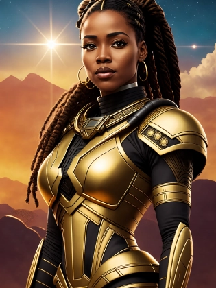 The Cinestill hasselblad 85 mm camera has a (wide shot:1. 4), Golden Ratio, focus on the 24th century fit attractive stunning (Afrofuturistic:1. 5) Eritrean woman, with (ponytail:1. 3), space captain as she stands on a hill, facing the camera, overlooking the stunning Serengeti Plains. She stands tall and confident in her full battle dress Vibranium armor, adorned with authentic black and gold kente cloth design. With her hands behind her back in a captain stance, she gazes out over the city inspired by Wakanda and Black Panther in the background, her homecoming after a long seven-year mission patrolling the outer spiral arm of the Milky Way galaxy. The golden hour sun casts a warm glow over her, highlighting her fit and attractive features. The scene is both epic and intimate, capturing the emotions of a warrior returning home to her people. Realistic, photorealistic, Afro-futuristic, movie inspired by Interstellar and Black Panther, directed by Ava DuVernay