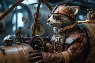wide angle, side view, steampunk racoon dressed as a pilot, sitting in cockpit of a wwi bi-plane airplane --ar 3:2 --s 500