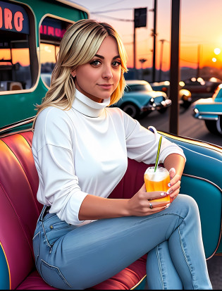 Kaley Couco, sitting on vintage car infront of a 90's diner at sunset, far long distance cinmetaic shot, wearing white turtle neck shirt, and jeans, holding a fizzy drink,