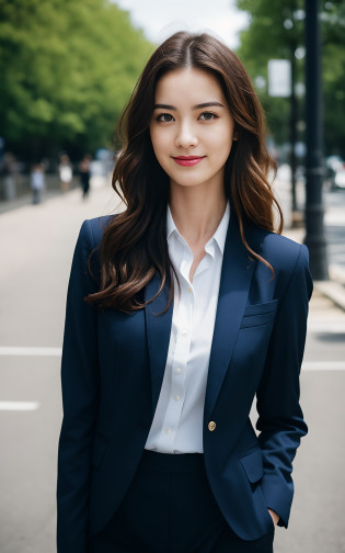 Beautiful brunette, Woman in white shirt and black pants standing on sidewalk, business clothes, Casual business clothes, Wear stylish outfits, Girl in a suit, Stylish casual attire, Office Clothes, business clothes, Modern fashion clothes, cropped shirt(With Jacket), Girl in suit, Wearing a business suit,  Wearing a business suit, Wear casual business dress,, Very detailed, 21years old, Innocent face, Natural wavy hair, Blue eyes, High resolution, masutepiece, Best Quality, Intricate details, Highly detailed, Sharp Focus, Detailed skin, Realistic skin texture, Texture, Detailed eyes, Professional, 4K, Charming smile, shot in Canon, 85 mm, Shallow depth of field, Kodak Vision Color,  Perfect Fit Body, Extremely detailed, a picture_\(Ultras\), Photorealistic, Realistic, Post-processing, Maximum Detail, Roughness, Real life, A hyper-realistic, Photorealism, Photography, 8K UHD, Photography