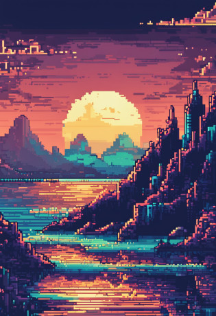 Pixel art of a huge moon rising on the calm sea, beautiful detailed pixel art, detailed pixel art, lo-fi retro videogame, concept pixelart, detailed pixel artwork, Pixel art style, pixel town, pixel art animation, high quality pixel art, Dolphins leap from the surface of the sea, super detailed color lowpoly art, #pixelart:3, # pixelart, #pixelart