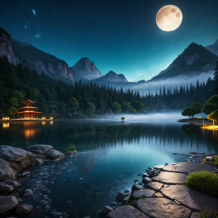 Unreal Engine, Light Painting, Nightlight, Beautiful Lighting, Bioluminescence, Ray Tracing Reflections, light effect, the vast and deep starry sky, the huge luminous full moon hangs in the night sky, the luminous Galaxy waterfall flows down from the moon and flows down the mist-shrouded mountains. By the lake at the foot of the mountain, trees with blue light, firefly spots, ancient Chinese pavilions and pavilions with dim lights, osmanthus flower shadows, reflections in the lake, and boats with stars on the lake --auto