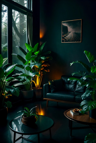 midcentury modern living room dimly lit with dark rainy evening outside, (foggy rainy evening:1.2), pacific northwest, (dim lighting:1.4), (moody lighting:1.2), plants, large plants, rainy, monstera, many plants, (foggy windows:1.2), masterpiece, best quality, twilight hour, (nighttime:1.4), rainy evening, after sunset, dark sky, dark night, dark theme,