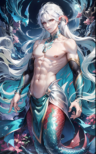 man, masculine, masculine face, attractive, muscular, (((1man))), masterpiece, absurdres, best quality ,intricate details, ((((full body)))), (shiny skin, shiny body, shiny oily luster skin, shiny hair, pale skintone), Sundown, attractive, ((muscular)), adult, one, earrings, Don't look at the view , Not looking at the view, silver hair, braided hair, perfect detailed face, perfect detailed hands, triton, fins, red eyes, triton ears, smirk, marine sea ornaments, open chest, ((long mermaid tail)), no legs, under the sea, fishes, masculine features, masculine face, (((night))), moonlight, darkness, dark light, character seen from afar