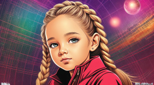 Girl child 10 years old, Russian blonde in braids, com roupa de jaqueta de couro vermelha, Estilo retrato, fundo preto e vermelho, uma bola de disco prateada com um reflexo de espelho sobre ela, bola de discoteca, bola de discoteca no fundo, prata brilhante, arte digital.