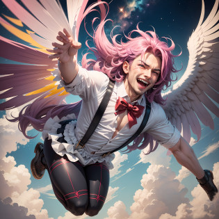 Lucifer, the fallen angel, takes a comically dramatic plunge from the heavens above! With a vibrant burst of color, he descends through the fluffy clouds, leaving a trail of sparkling stars in his wake. His once magnificent wings, now resembling oversized, floppy spatulas, flap uncontrollably as he tumbles downward.

Wearing an exaggerated expression of surprise, Lucifer's cartoonish eyes bulge out of his head, while his toothy grin showcases a mischievous charm. His sleek, devilish attire is reimagined with a touch of whimsy, featuring a bright red bow tie and suspenders that bounce with each exaggerated movement.

As he plummets, the sky transforms into a delightful blend of swirling pastel hues, and the celestial light surrounding him takes the shape of fluffy cotton candy clouds. His descent is accompanied by a playful soundtrack of cheerful trumpets and boisterous tubas.

This cartoonish depiction of Lucifer's fall captures the essence of humor and lightheartedness while playfully reimagining a significant moment in his story. The unique art style, reminiscent of sponge bob adds an extra layer of charm and whimsy to the image. --auto --s2