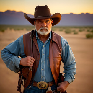 imagem hiper realista, an American cowboy personifies the essence of the West . Dressed in aged leather clothes and a wide-brimmed hat, He radiates a robust and fearless presence.

Seu rosto, que carrega as marcas do sol e da vida ao ar livre, displays the determination and experience gained in the vast landscapes of the American West. His steady, piercing eyes reveal an indomitable spirit and a deep connection to nature.

Ao fundo, a broad, arid landscape reveals the vast plains and mountains that characterize the American West. The open sky and infinite horizon evoke a sense of freedom and adventure that are inseparable from the cowboy's imagination. --auto
