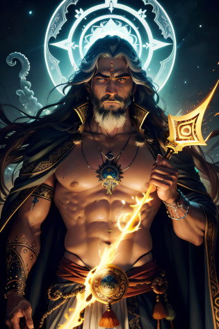 um close up de uma pintura de um homem com uma espada, O Deus Poseidon, dmt deus, art deco shaman, deus antigo, O Deus do Mar, O Deus Zeus, velho deus, Deus masculino bonito da morte, jellyfish god, legendary god holding spear, Uplighting. intrincado, O Deus Hades, ayahuasca shaman, deus negro, homem velho, Sphere of life between the hands