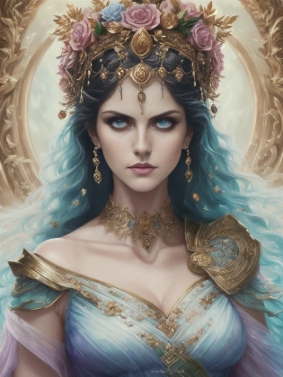 Alexandra Daddario, Jutta Leerdam as a Persephone, greek mythology, stunning eyes, amazing eyes, pastel colors, elaborate dress, one piece character, simetric body, full body, extremely detailed, cinematic lighting, high contrast, artstation, Illustration, Portrait, Oil Painting, style of Apterus