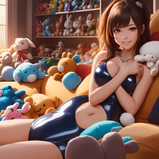 High Definition CG unity 8K Wallpaper), (Highest Quality), (ultra-definition), (The best illustrations), (Highest shadow), POV, Realistic lighting and shading, Natural light, Lens flare effect, BREAK,girl, Cute, Cheerful, Loli face, tareme, gleaming skin, Hugging a stuffed rabbit,
Playboy Bunny, shiny latex leotard, Bunny Years Hair Band, Sitting on the sofa, Open legs wide ,
Happy, great joy, Smile,
(Toy store background, Lots of stuffed animals:1.2),
Absurd solution, Ultra-detailed, Best Quality, --auto