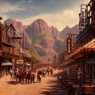 concept art, wild west town bustling with life, cinematic, wide angle, by greg rutkowski