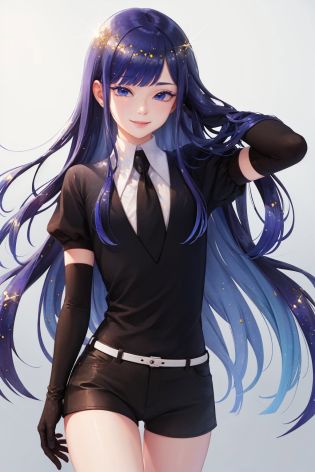(masterpiece, best quality:1.2), <lyco:housekinokuni_lapislazuli-09:1.0>, cowboy shot, solo, 1other, lapis lazuli, smile, looking at viewer, crystal hair, bangs, colored eyelashes, gem uniform, necktie, puffy short sleeves, shorts, elbow gloves, sparkle