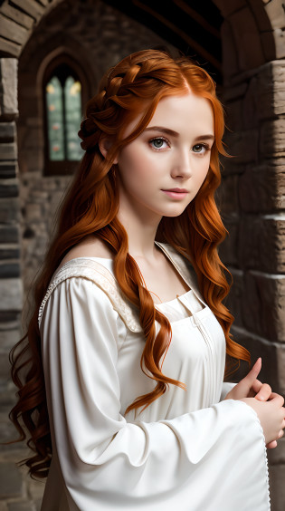 RAW photo, woman 20 years old, Waist-length image in the center of the composition, pretty, Modest, Embarrassed, imperfectly detailed face, ((long, wavy ginger hair)), braid, Modest early medieval dress with (long, wide, spacious straight sleeves), in a medieval castle, blurred background, 8K UHD, dim lighting, hiquality, Film grain, Fujifilm XT3