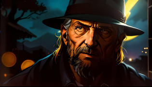 (((Cara raivosa))), (comic styled), David Bradley wearing black suit and black hat, cena escura, Ar Livre, fazenda, milharal, olhos azuis, fazenda Noturna, particules, chuva leve, Foco masculino, homem velho, magro, poor posture, (cabo de fluxo longo), noite, Chuva, lightning bolts, fundo detalhado, (arte de Frank Miller), ((hands on the window)), obra-prima, (realista:1.3), perfect  lighting, sombreamento perfeito, (textura realista do tecido), hiper-realista, (fotorrealista:1.5), olhar penetrante, olhando para cima, arte de linha