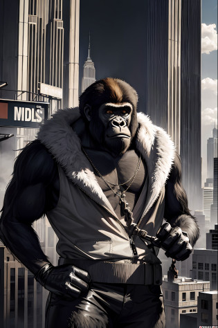 masterpiece, best quality, realistic , fashion monkey, gorilla, King Kong, standing in the empire state building holding beloved woman against dozens of helicopters, blur, book, cable, cyberpunk, gloves, infrared cover, holding, hood, solo,