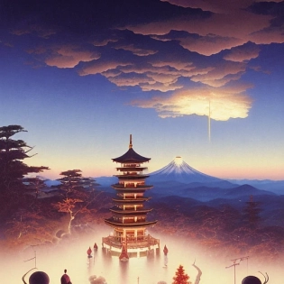 a traditional Japanese quite Torii on a mountain, dark, night , MOON IN SKY, DARK PURPLE SCHEME, by studio ghibli painting, clouds, wide angle , low-angle shot, by Joaquin Sorolla rhads Leyendecker, by Ohara Koson and Thomas Kinkade, traditional Japanese colors, superior quality, masterpiece