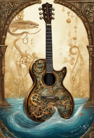 {{A mesmerizing depiction of an electric guitar}} submerged underwater, with bubbles rising around it. This is an underwater fantasy-inspired image that showcases the guitar's beauty in an unusual setting. The environment/background should be an underwater world with colorful coral reefs to create a dreamy and surreal atmosphere. The image should be in the style of a digital painting, incorporating elements of underwater fantasy art. The close-up shot, captured with a macro lens, will provide an intimate and enchanting view of the guitar's intricate details and the underwater flora. The lighting should be ethereal, emphasizing the play of light through the water and the guitar's design. The desired level of detail is high with a high-resolution, highlighting the guitar's otherworldly qualities. The goal is to create a captivating image that transports viewers to an enchanting underwater realm