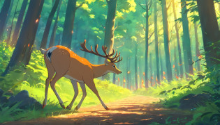 A afraid deer run in forest, hudge fire in forest, forest burned out, running all animals, elephant, deer, jackle, lion, tiger, Birds, parrot, crow, peacock, hud hud bird, dark cloudy environment, morden anime style