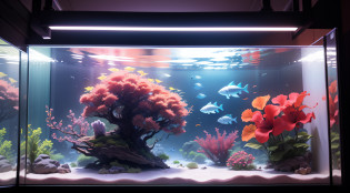 Giant aquarium in an aquarium?Multiple hibiscus in the aquarium?top-quality?8K??masterpiece?a picture?Photorealsitic?Raw photography?top-quality?high-detail?????photos realistic?Professional color correction