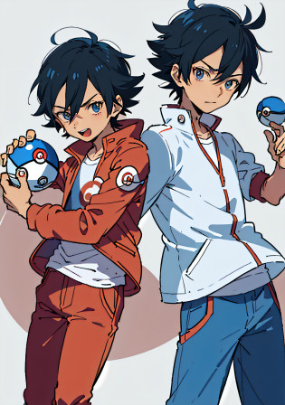 Simple background, white background, cartoon of a little boy in a red jacket and blue pants holding a Pok� ball, Pokemon Trainer, Ash Ketchum, Pokemon Trainer costume, inspired by Junpei Sato, inspired by Ken Sugimori, Pokemon style, Pokemon anime style, illustrated Pokemon, anime style characters, Pokemon fog, Tony started style