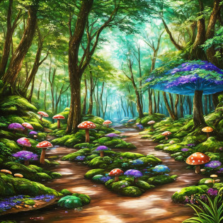 Painting of a trail through a forest with colorful mushrooms and trees, Colorful Enchanted Magical Fantasy Forest, Magical fantasy forest, enchanted and magic forest, magic forest, Magical Fairy Forest, fantasy forest, magic forest, magic forest, Bosque de cuento de hadas, Bosque de hadas, fantasy forest landscape, Psychedelic forest, a fantasy forest, magical forest background, magical environment, Exuberante bosque de hadas --auto