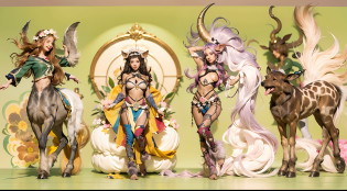 In the beautiful illustration of this super-grand scene?The ultra-distant lens shows us?Over eight separate and distinctive centaur characters?9.9??They all have their own characteristics?Vivid and interesting?Translucent fluid flowing from the?A radiant angelic centaur from the celestial realm?6.6??to the?A centaur surrounded by nightmarish flames?6.6??And then?A fairy centaur dancing in the air?6.6??And then there is?Unicorn centaur surrounded by lightning?6.6??to the?Mechanical style centaur with a metallic glow?6.6??And then?Powerful colorful dragon scale centaur?6.6??And then?Graceful and agile elf centaur slenderness?6.6?Gracefully wears a flower crown?to the?Enchanting and charming Tiflin centaurs?6.6??And then?A succubus centaur with an indescribably sexy feeling?6.6??Each character has their own unique charms and abilities?The illustration uses advanced artistic techniques and tools??Use nesting?woven?stitching?ssee-through?arrange?grouping?Storyboards and other methods?Divide the scene into sections by geometric arrangement?9.9??Each section corresponds to a centaur character?This makes more efficient use of space?Through Midjourney's advanced brush tools?Color palette?Material packs and model packs?Texture tools?For each centaur, beautiful props are designed to increase racial characteristics?Clothing and physical features??Enhances the character's personality and visual appeal?2.5??The scenery in the illustrations is stunning?There are changing skies?rainbowing?extreme light?Stars and Moon?Incorporating iconic landmarks such as Mount Everest?and fireworks?tranquil lake?Natural and urban elements of waves and neon lights?Creates a magical atmosphere?The centaurs display their unique abilities and equipment in a variety of environments?This is true even in extreme alien landscapes??Use Midjourney's tools?Material packs?Texture tools?The color palette makes depicting details vivid and realistic?9.9??From complex hairstyles and as well as different racial tr