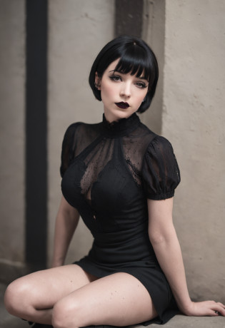 A portrait of an alluring goth girl with short black hair, a small bust, and a curvy figure posing with her finger gently pressed against her lips as she gazes downward. She sits on the floor, her legs partially crossed wearing a short, black pleated skirt that reveals her pale thighs and sheer black thigh-high stockings. Her jet black, pixie-cut hair frames her face. She wears dark purple lipstick that matches her black corset, accentuating her tiny waist and ample hips. A black choker collar sits around her elegant neck. Her eyes are cast downward with alluringly darkened lashes. She exudes a mysterious yet beguiling aura. The lighting accentuates the contours of her curvy, petite posed form and clothing details. The nondescript background keeps the focus on her gesture and outfit. The image is photorealistic with intimate detail.