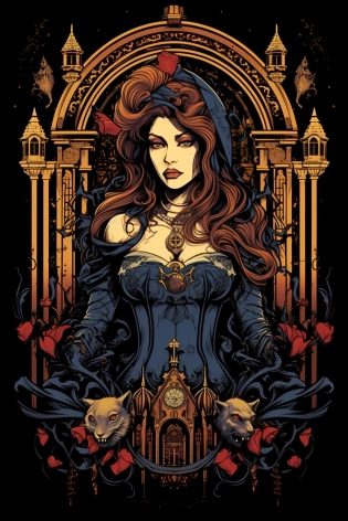 Design a captivating t - shirt featuring Carmilla from the Castlevania series, incorporating her iconic character elements and a visually striking graphic. Use a medium of digital illustration and adopt a bold, vector art style to create a clean, modern design suitable for printing. Emphasize Carmilla's enigmatic and powerful presence by incorporating her signature color palette of dark, moody hues contrasted with vivid accents. Compose the design with a dynamic, centered layout that captures the essence of her character, focusing on her captivating expression and notable features. Consider incorporating Castlevania - inspired elements, such as the castle or the series logo, to create a cohesive and instantly recognizable fan apparel.